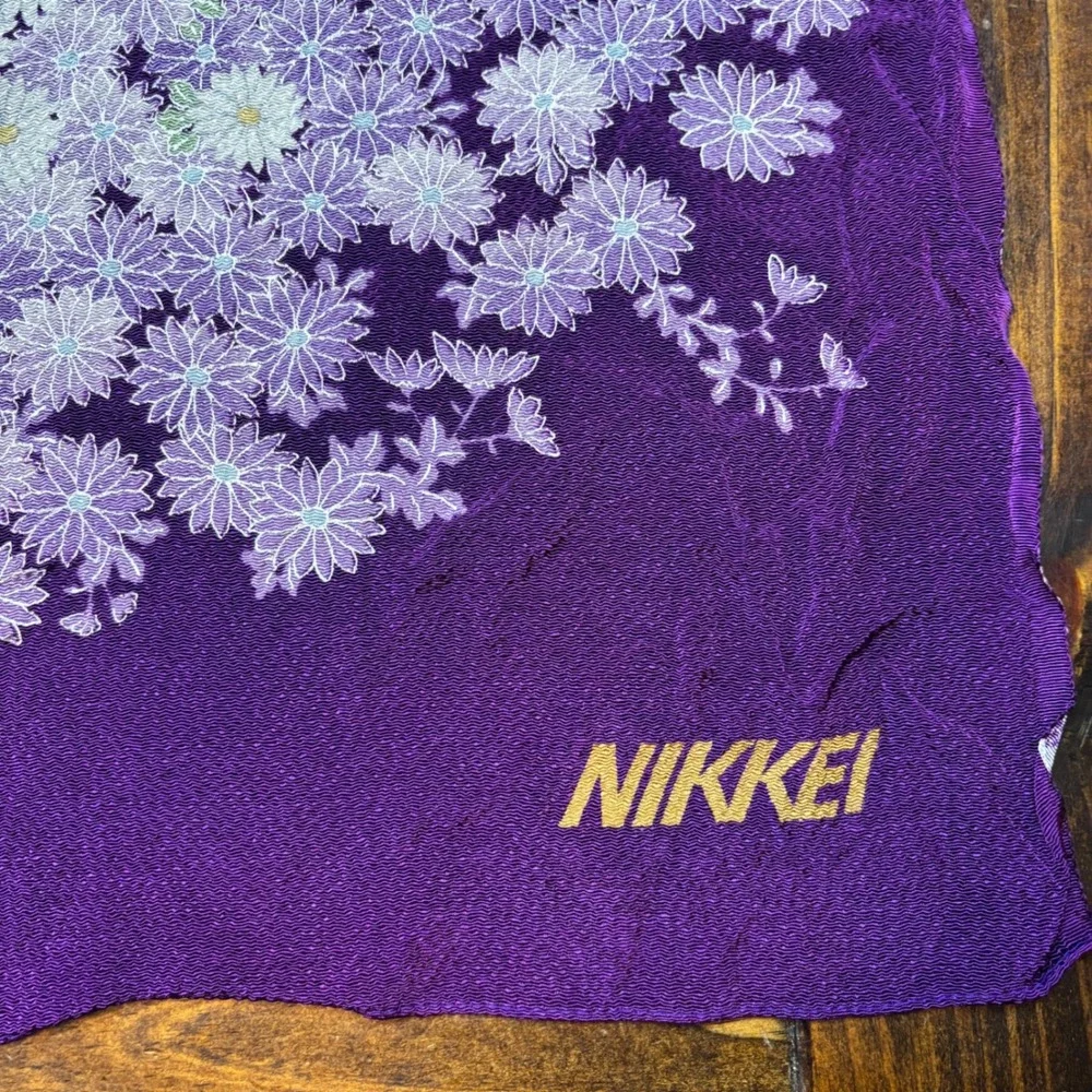Vintage Nikkei Purple Silk Scarf Chrysanthemum Floral Print Japan 100% Silk‎
